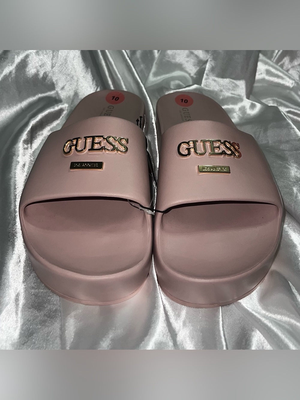 GUESS Pink Logo Slide Sandals with Gold Accents